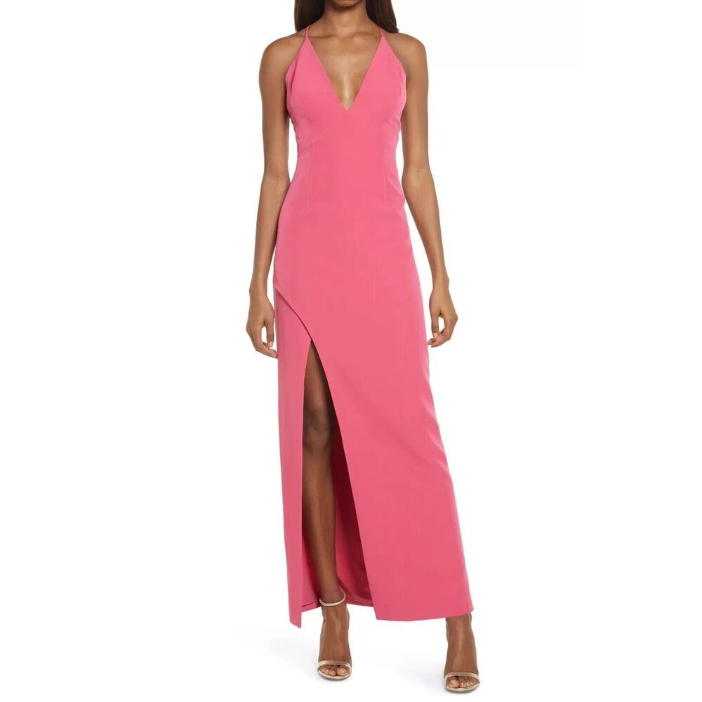 WAYF NWT Plunge V-Neck Open Back Dramatic Side Slit Column Pink Gown M